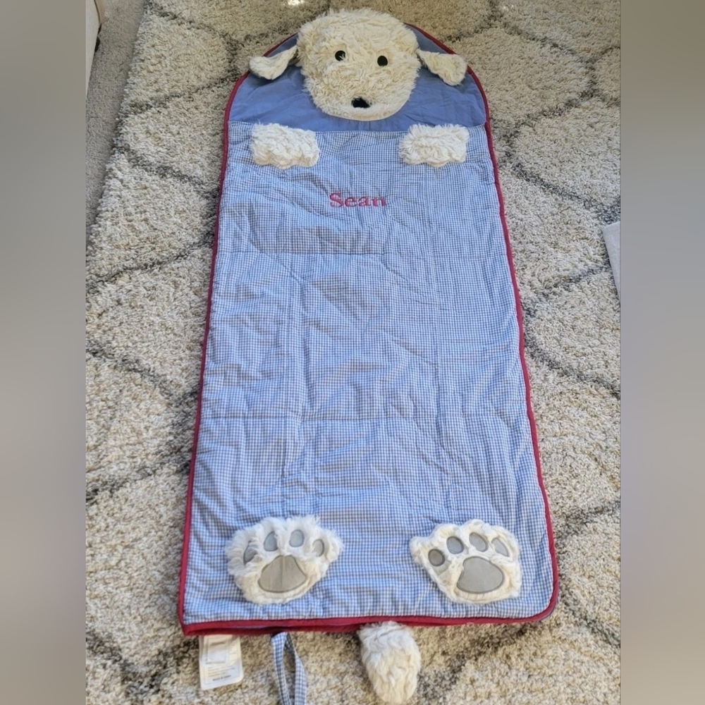 Pottery Barn Kids Shaggy Puppy Dog Sleeping Bag Blue Gingham SEAN - Picture 2 of 13